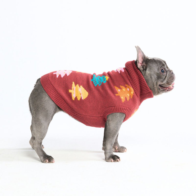 Weihnachts-Strickpullover für Hunde – Kastanienbraune Zuckerstangen-Bäume